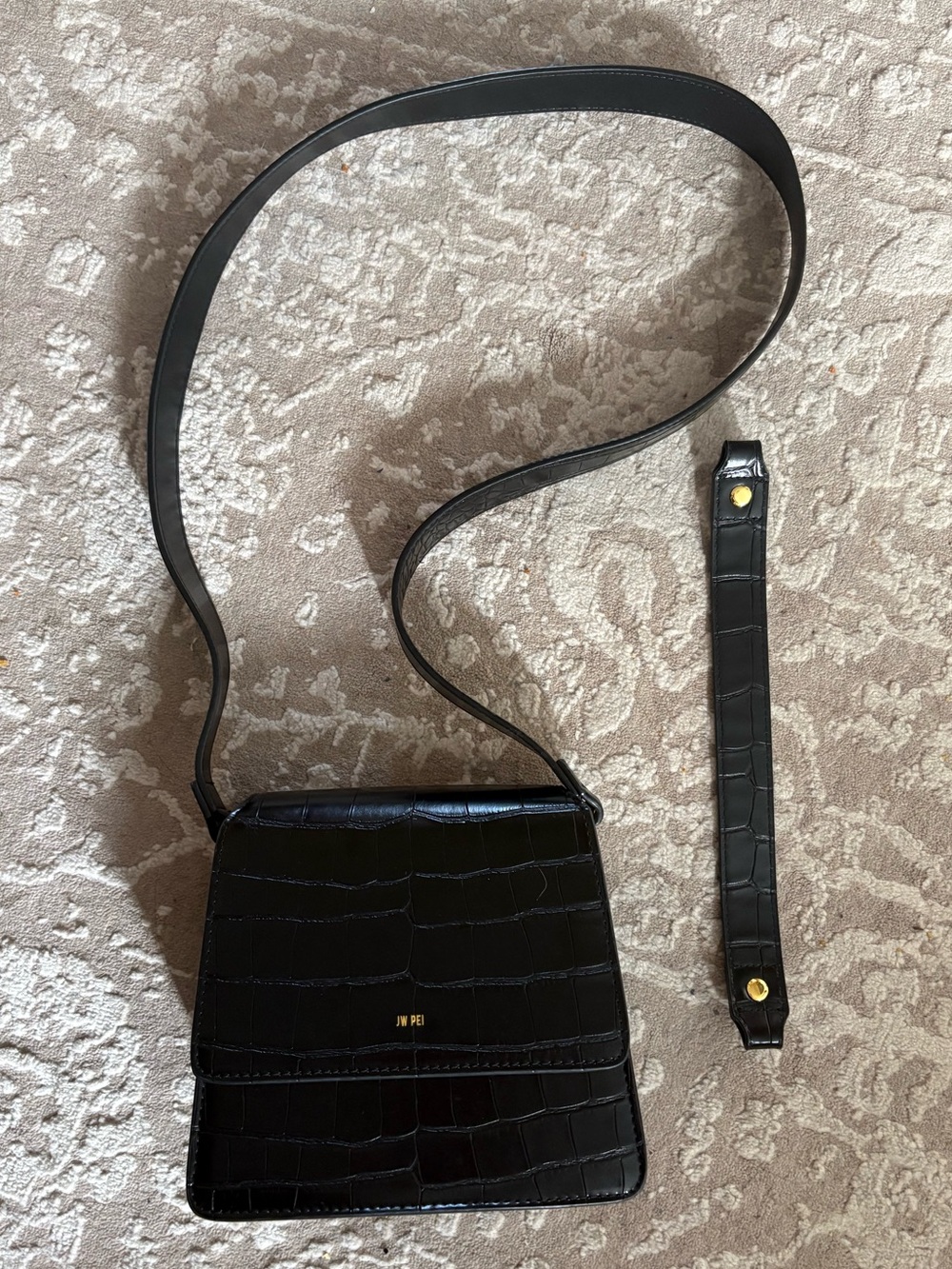 JW PEI Fae Black Croc-Embossed Mini Crossbody with Gold Accents and two handles